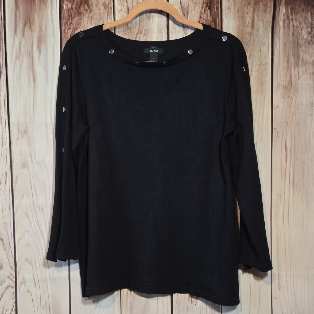 Alfani Black Silver Studded Women's Blouse With Notched Sleeves Size Large